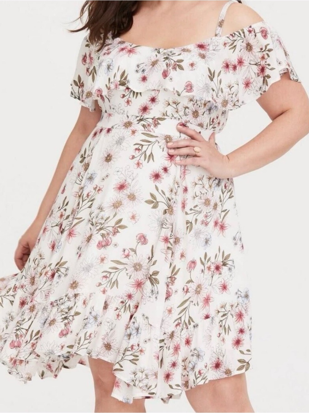 Torrid 3X Off Shoulder White Floral Asymmetrical Dress with Tie Waist